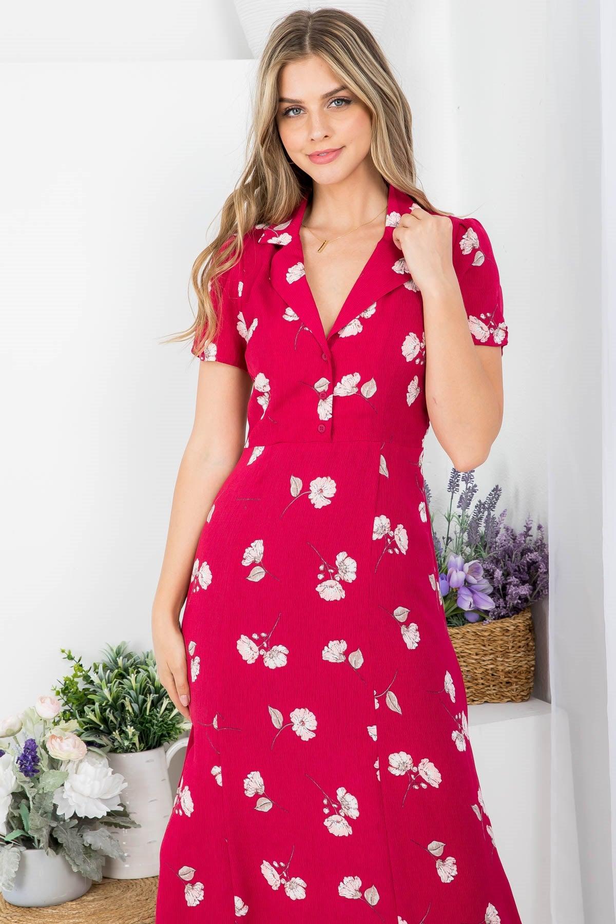 Floral Wine Buttons Midi Dress Product Image