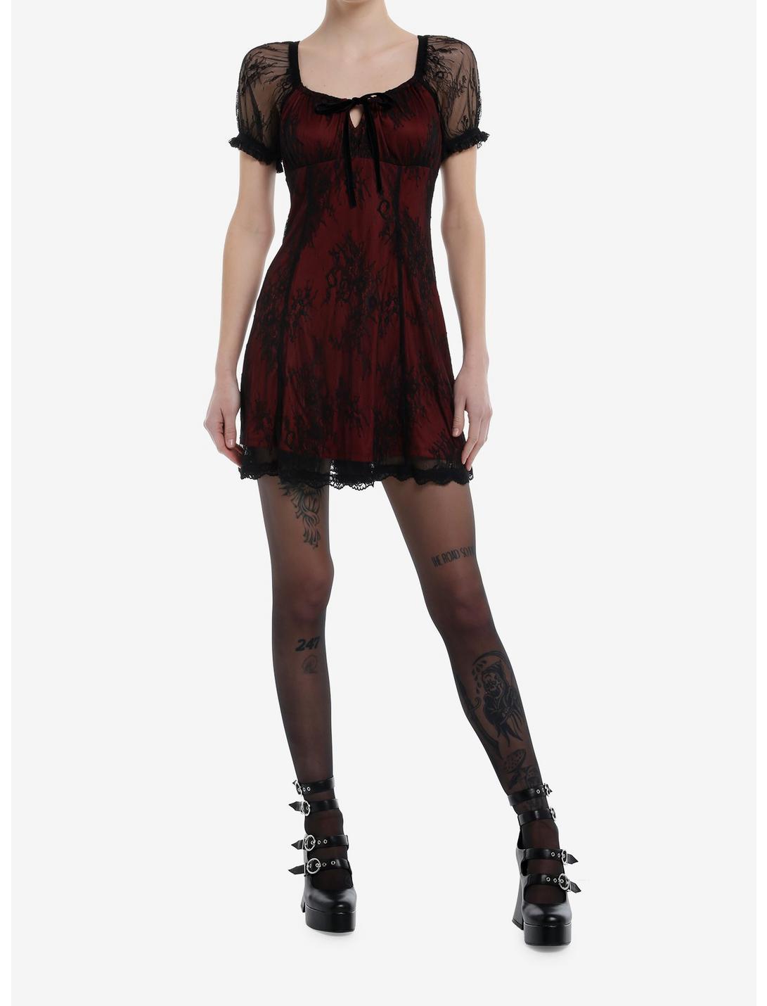 Cosmic Aura Red & Black Lace Empire Dress Product Image