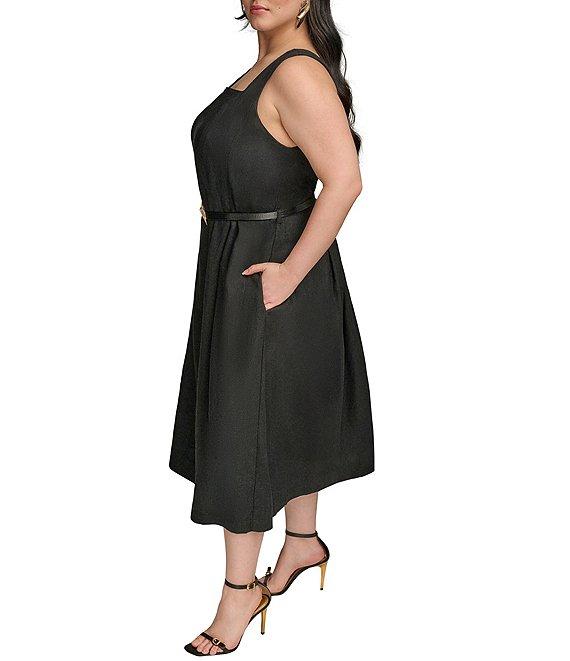 Donna Karan Plus Size Square Neck Sleeveless A-Line Belted Midi Dress Product Image