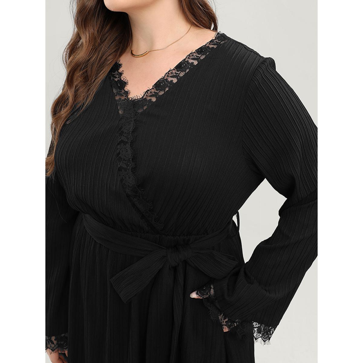 Plus Size Solid Textured Bell Sleeve Pocket Contrast Lace Belted Dress Black Women Elegant Lace V-neck Long Sleeve Curvy Midi Dress BloomChic 28/5X Product Image