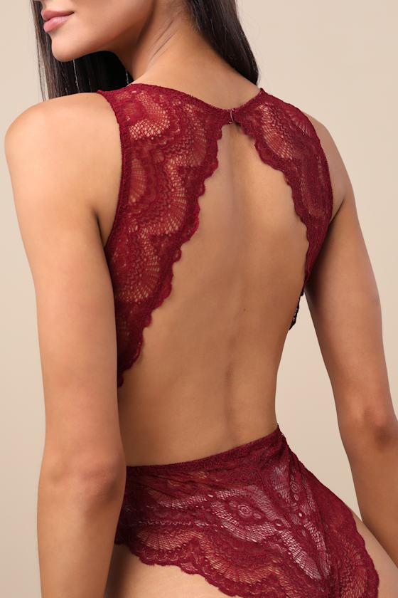 Mia Bella Burgundy Sheer Lace Sleeveless Bodysuit Product Image