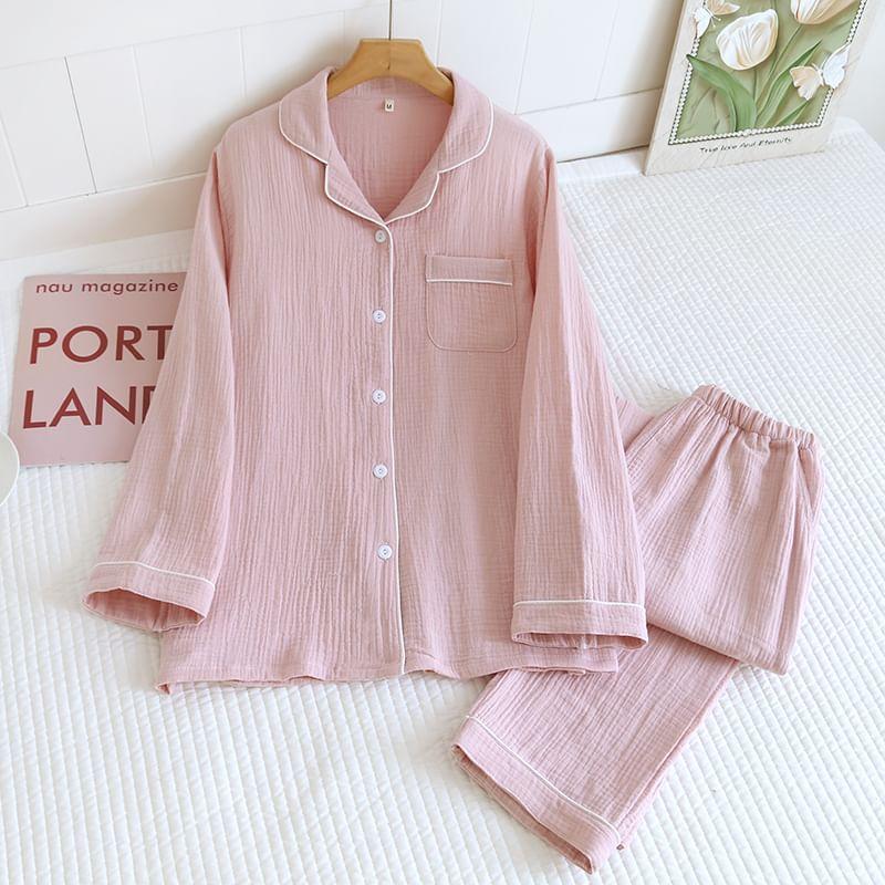 Couple Matching Short-Sleeve Lapel Collar Contrast Trim Button Pajama Top (Various Designs) Product Image