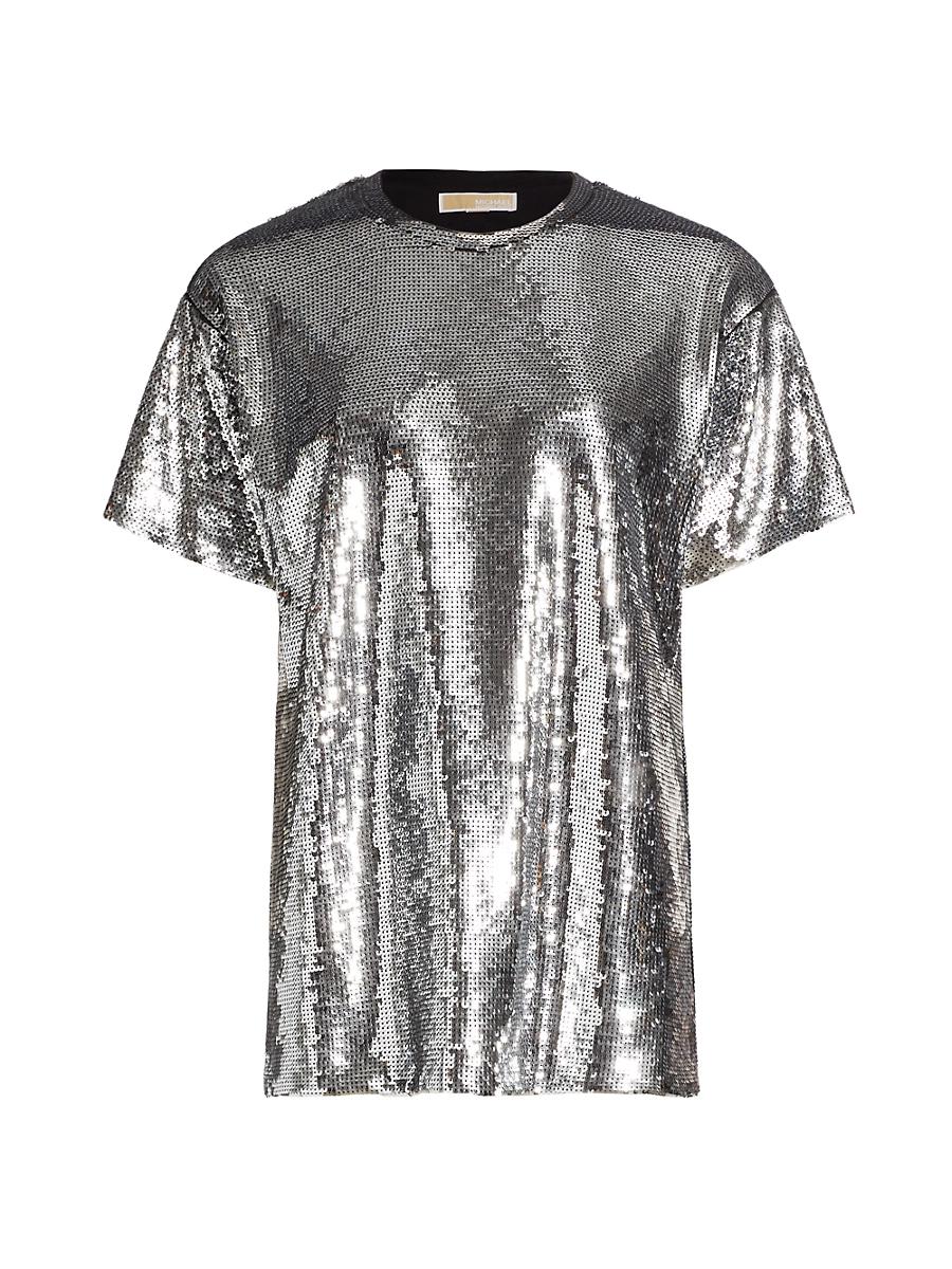 Womens Sequined Crewneck T-Shirt Product Image