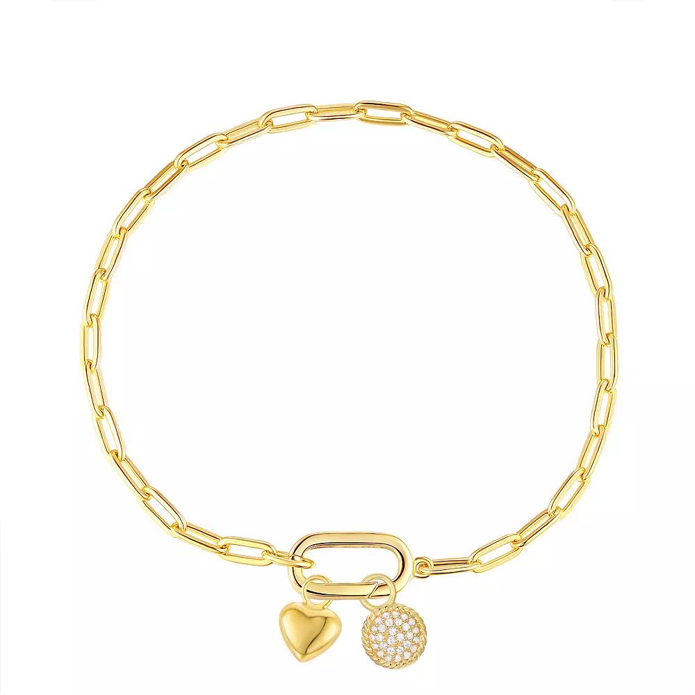 Argento Forte 14k Gold Over Silver Heart & Cubic Zirconia Charm Paper Clip Chain Bracelet - 7.5 in., Women's, Size: 7.5", Sterling Silver Product Image