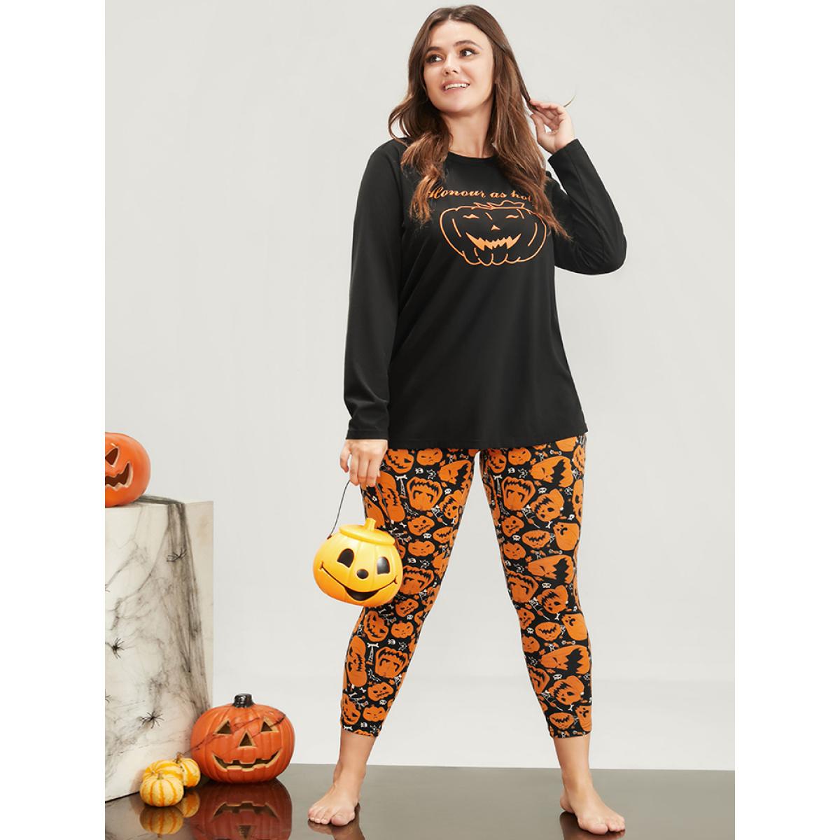 Plus Size Halloween Pumpkin Print Party Pajama Set Women Orange Graphic-Halloween Printed Long Sleeve Round Neck Casual Loungewear Sets BloomChic 10/M Product Image