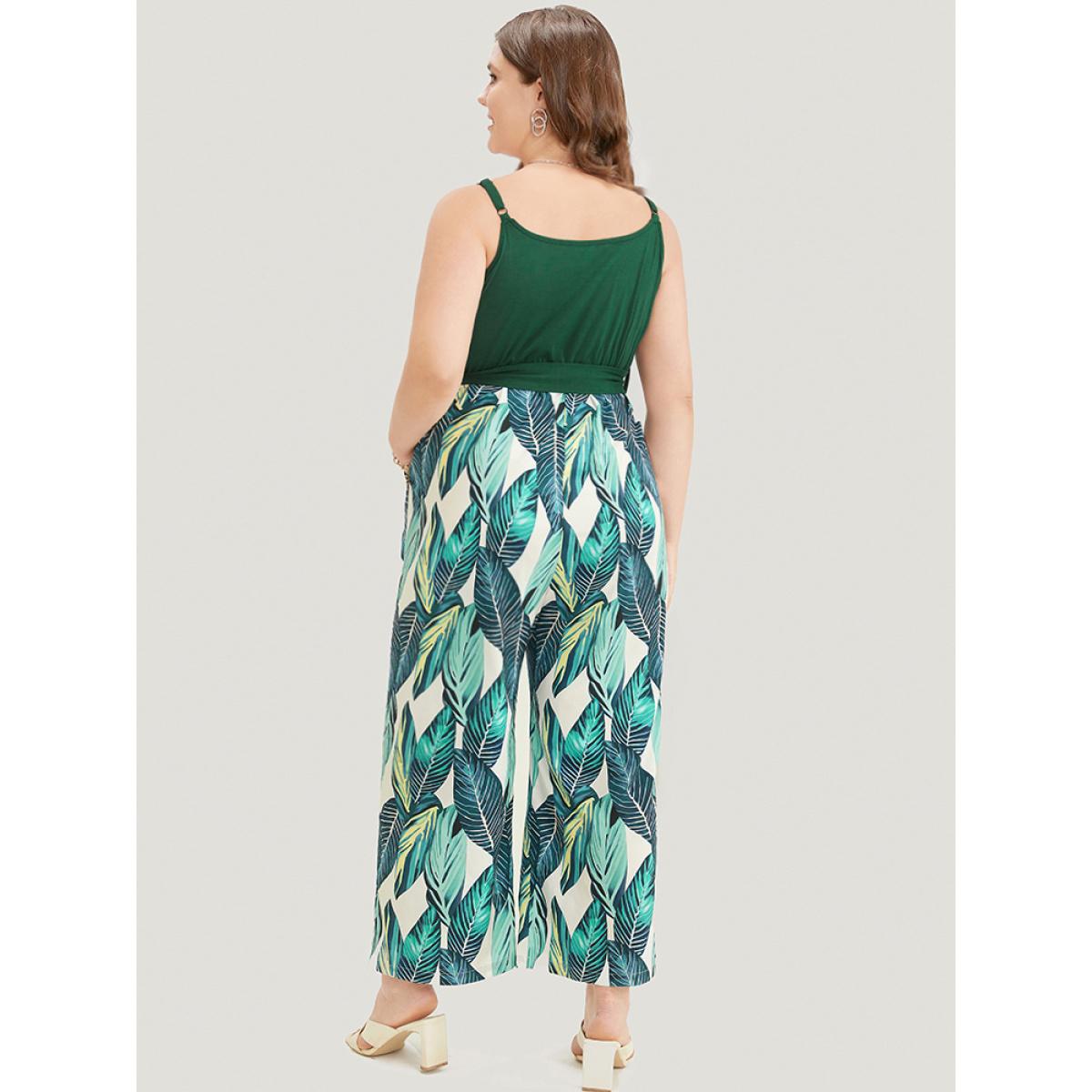 Plus Size DarkGreen Tropical Patchwork Surplice Neck Pocket Belt Cami Jumpsuit Women Vacation Sleeveless Spaghetti Strap Dailywear Loose Jumpsuits BloomChic 18-20/2X Product Image