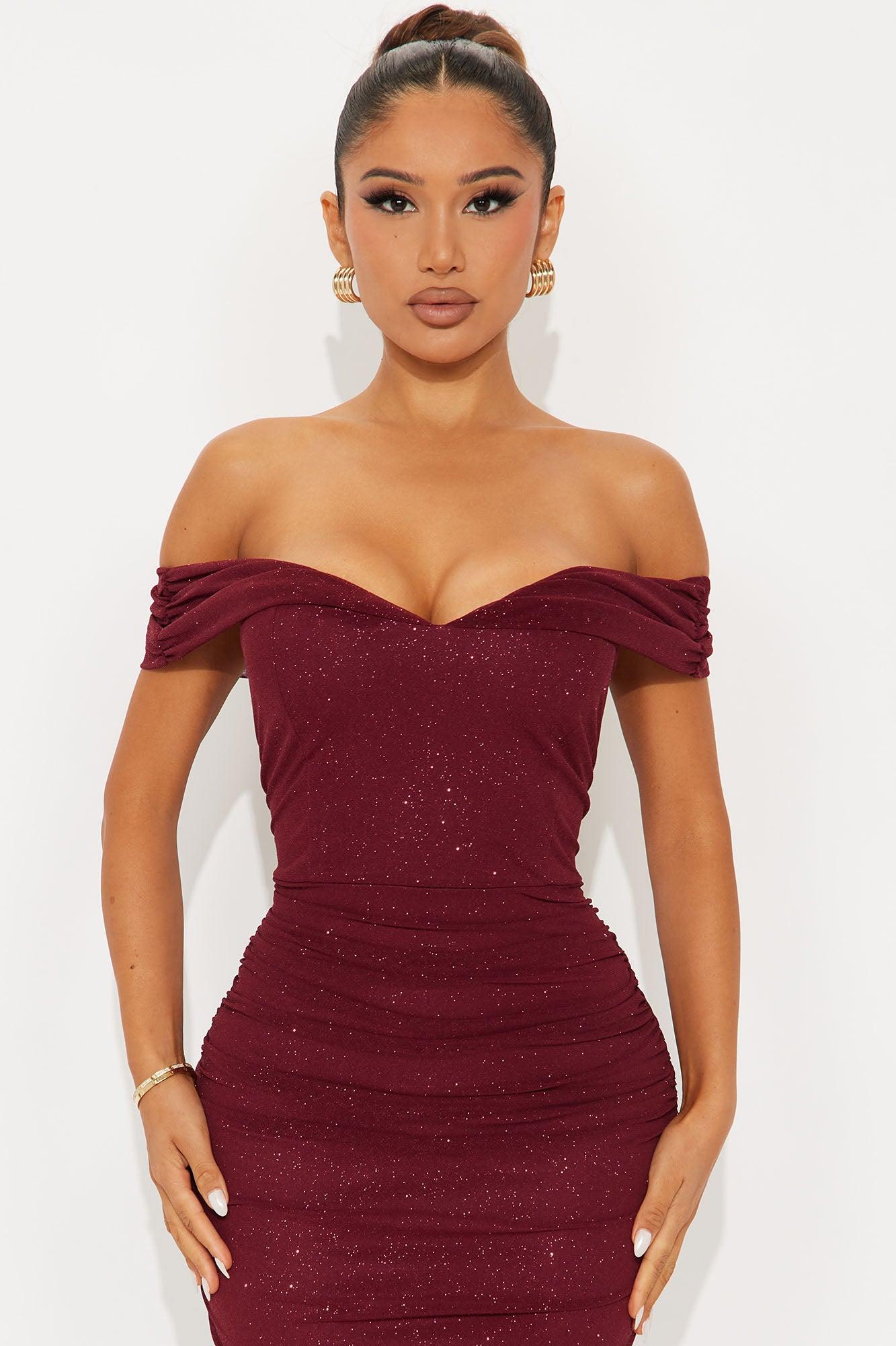 Jackie Glitter Mesh Ruched Midi Dress - Wine Female Product Image