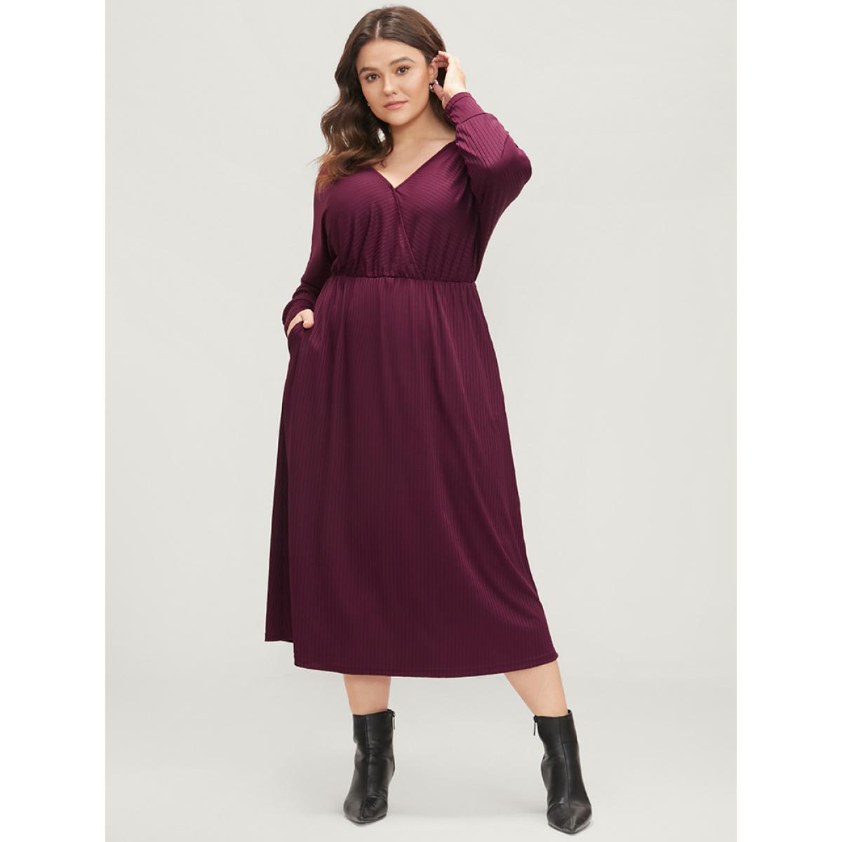 Plus Size Solid Dolman Sleeve Pocket Rib Knit Wrap Dress Burgundy Women Elegant Wrap V-neck Long Sleeve Curvy Midi Dress BloomChic 14-16/1X Product Image