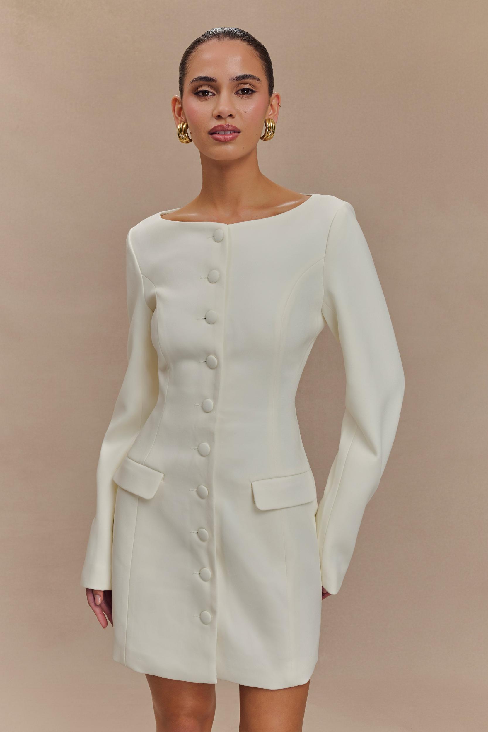 Jolie Boat Neck Suiting Mini Dress - Ivory Product Image