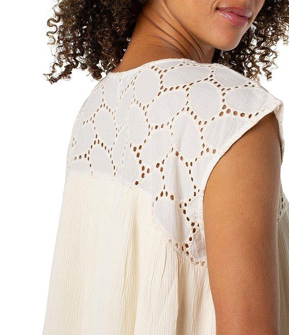 Liverpool Los Angeles Mixed-Media Oval Eyelet Scoop Neck Cap Sleeve Blouse Product Image