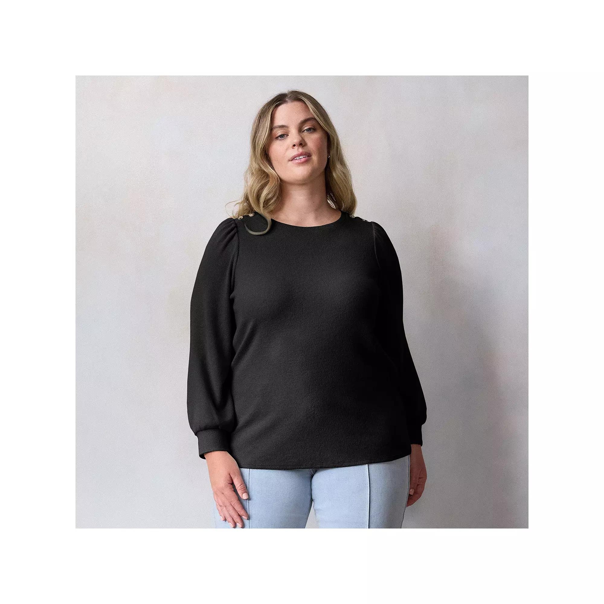 Plus Size LC Lauren Conrad High Cuff Crewneck Top, Women's, Size: 0X, Black Ore Product Image