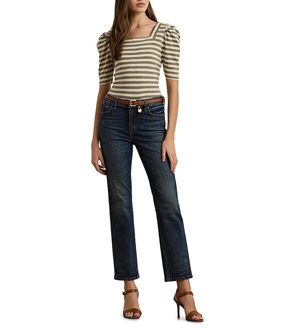 Lauren Ralph Lauren Knit Stripe Print Square Neck Short Puff Sleeve Tee Shirt Product Image
