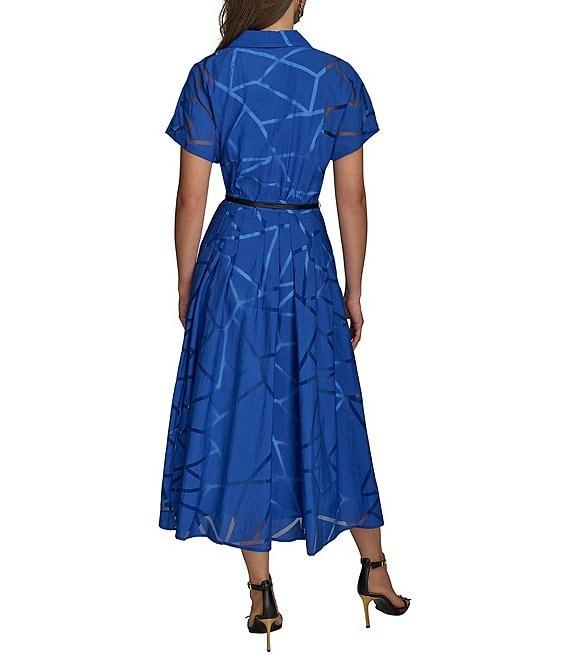 Donna Karan Burnout Notch Collar Short Sleeve Belted Button Front Midi Dress Product Image
