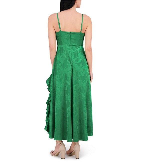 SIENA Satin Jacquard V Neck Sleeveless Chain Straps Ruffle A-Line Maxi Dress Product Image
