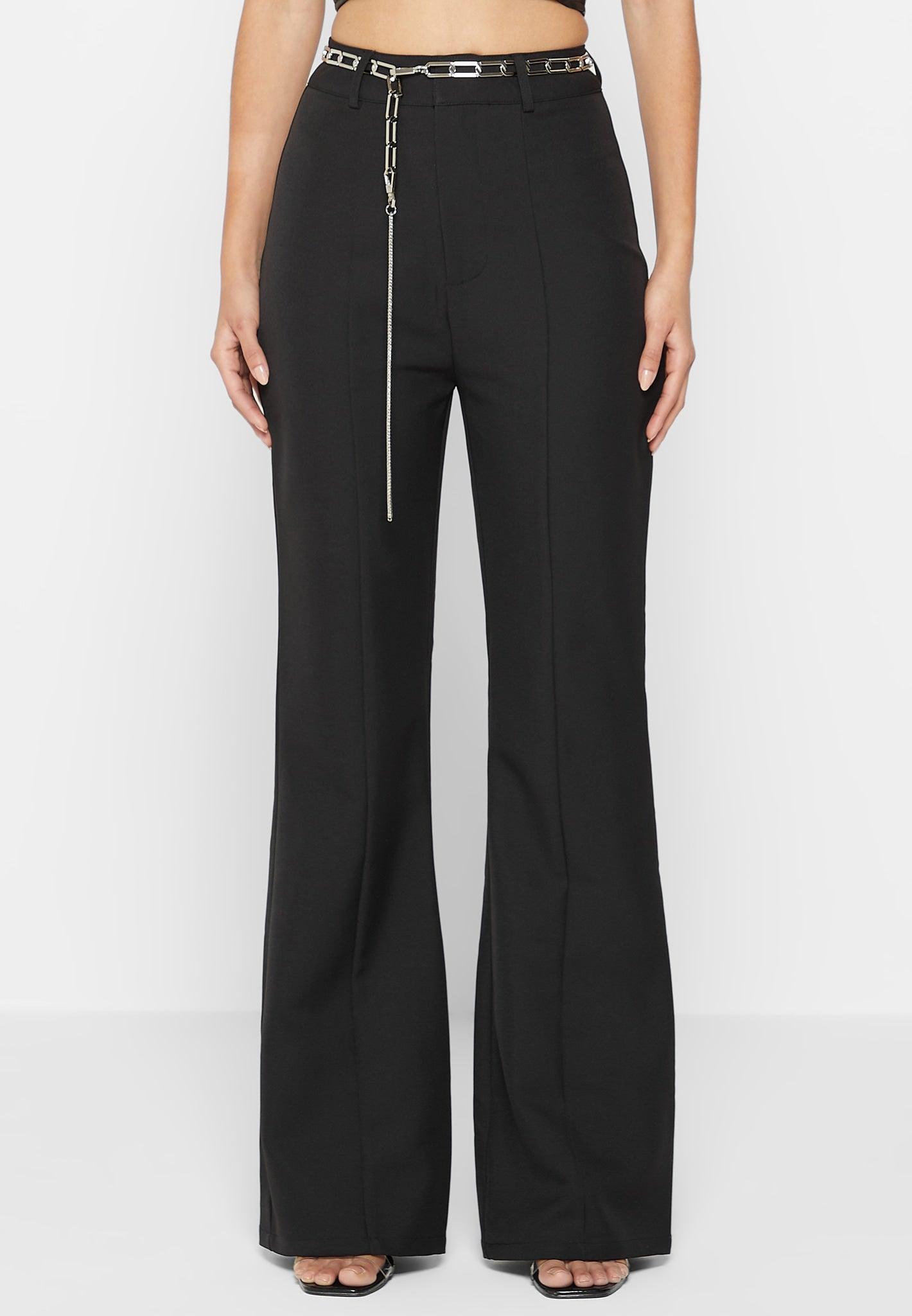 Cut Out Flared Trousers with Chain Belt - Black Female Product Image
