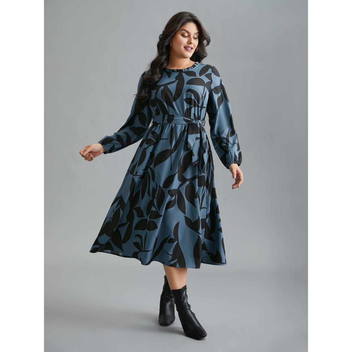 Plus Size Silhouette Floral Print Frill Trim Dress Aegean Women Elegant Belted Round Neck Long Sleeve Curvy BloomChic 14-16/1X Product Image