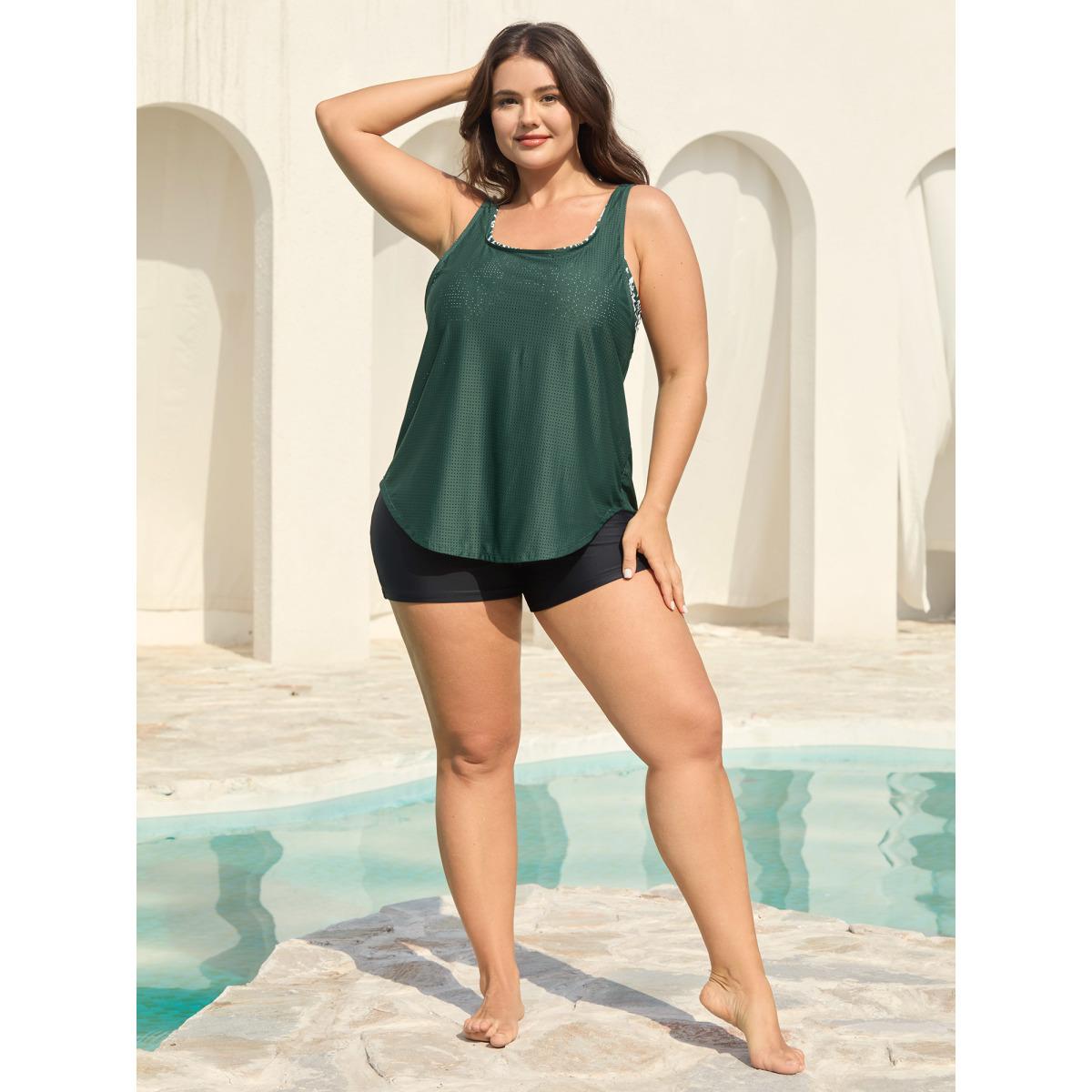 Plus Size Two-Piece Boho Print Swim Top Women's Swimwear DarkGreen Resort Cut-Out High stretch Bodycon U-neck Curve Swim Tops BloomChic 28/5X Product Image