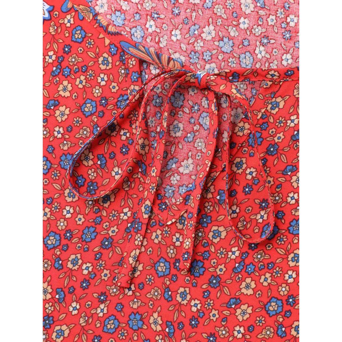 Plus Size Raspberry Floral Print Neck Tie Half Sleeve Blouse Women Boho Short sleeve Notched collar Vacation Blouses BloomChic 10/M Product Image