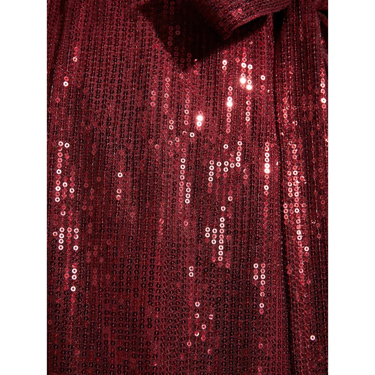 Plus Size Solid Square Neck Lantern Sleeve Belted Sequin Dress Burgundy Women Party Cross straps Square Neck Long Sleeve Curvy Midi Dress BloomChic 26/4X Product Image