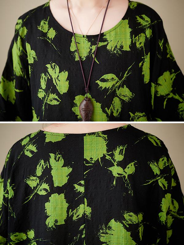 Loose Floral Pleated Round-Neck Midi Dresses Product Image