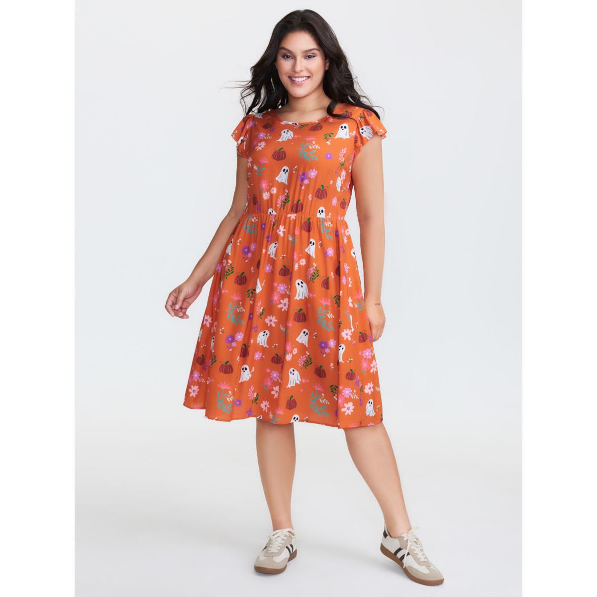 Plus Size Ghost Party Rayon Pockets Midi Dress OrangeRed Women Playful Round Neck Cap Sleeve Curvy BloomChic 10/M Product Image