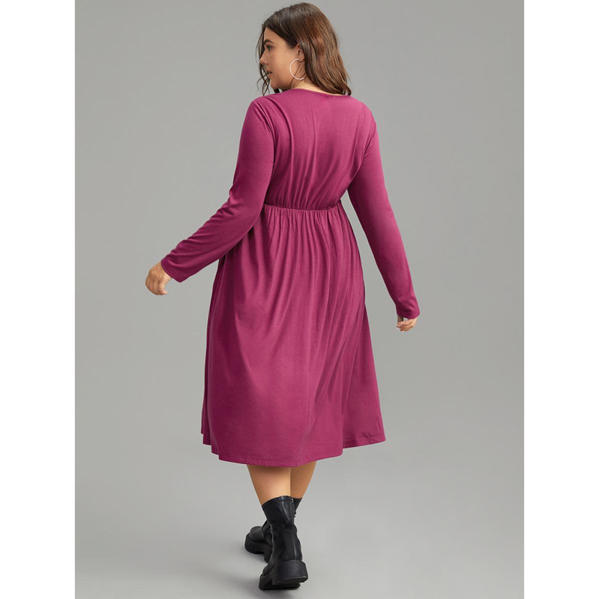 Plus Size Solid Pleated V Neck Elastic Waist Dress Purple Women Casual Plain V-neck Long Sleeve Curvy Midi Dress BloomChic 10/M Product Image