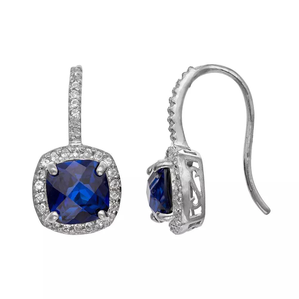 Sterling Silver Lab-Created Blue and White Sapphire Halo Drop Earrings, Women's, Multi Product Image