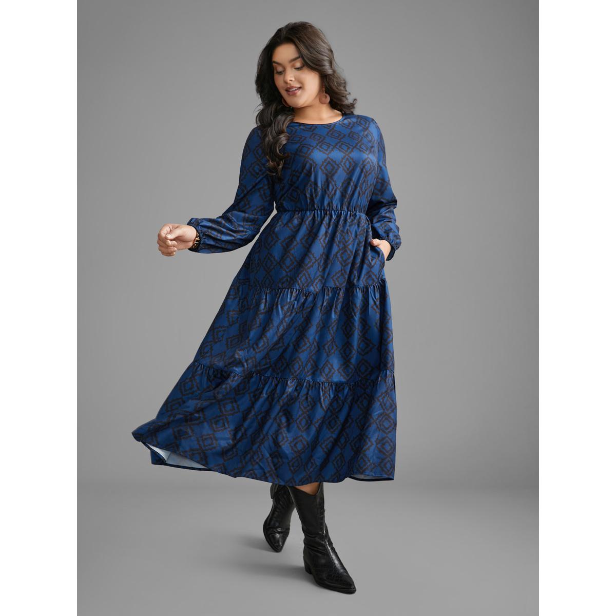 Plus Size Bandana Geometric Ruffle Layered Hem Dress Indigo Women Resort Non Round Neck Long Sleeve Curvy BloomChic 10/M Product Image