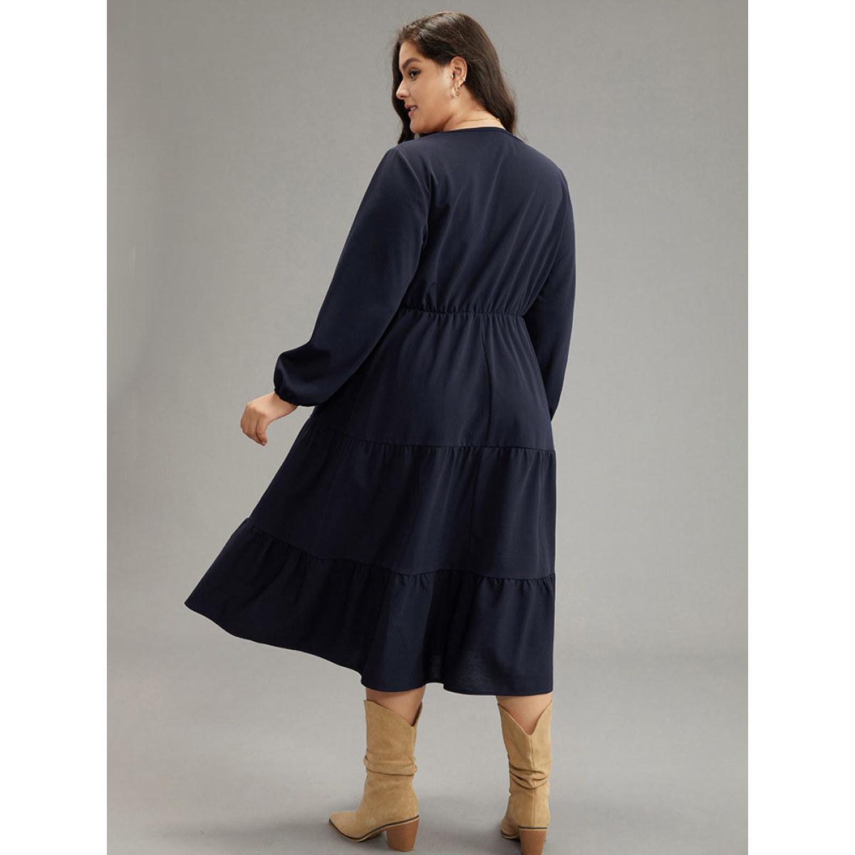Plus Size Plain Contrast Webbing Elastic Waist Dress Midnight Women Casual Elastic cuffs V-neck Long Sleeve Curvy Midi Dress BloomChic 18-20/2X Product Image