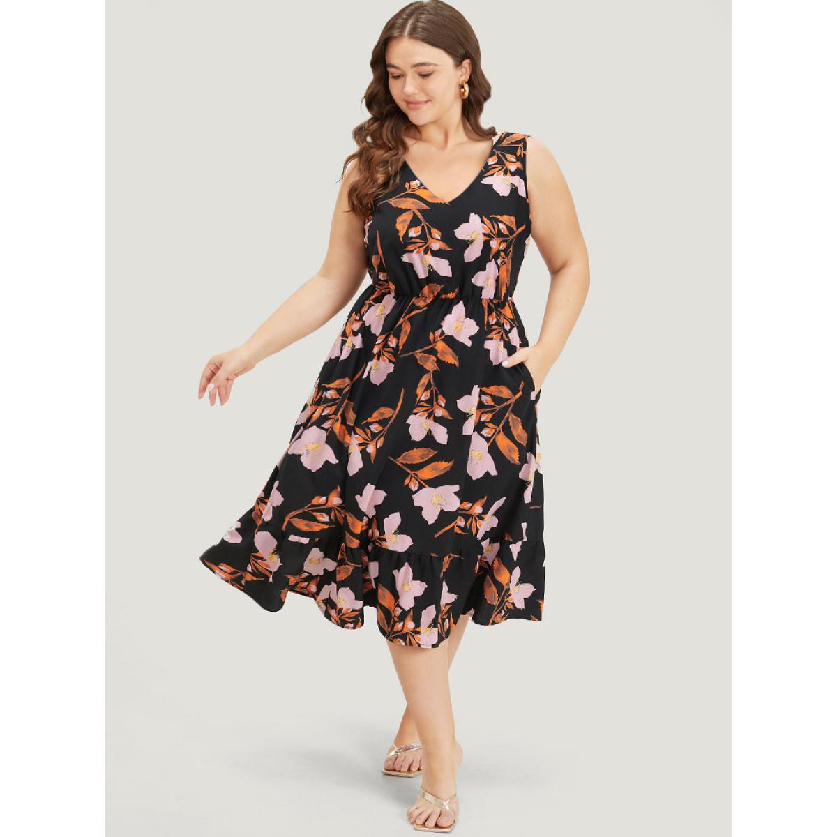 Plus Size Floral Print Pocket V Neck Elastic Waist Sleeveless Dress Black Women Elegant Elastic Waist V-neck Sleeveless Curvy Midi Dress BloomChic 12/L Product Image