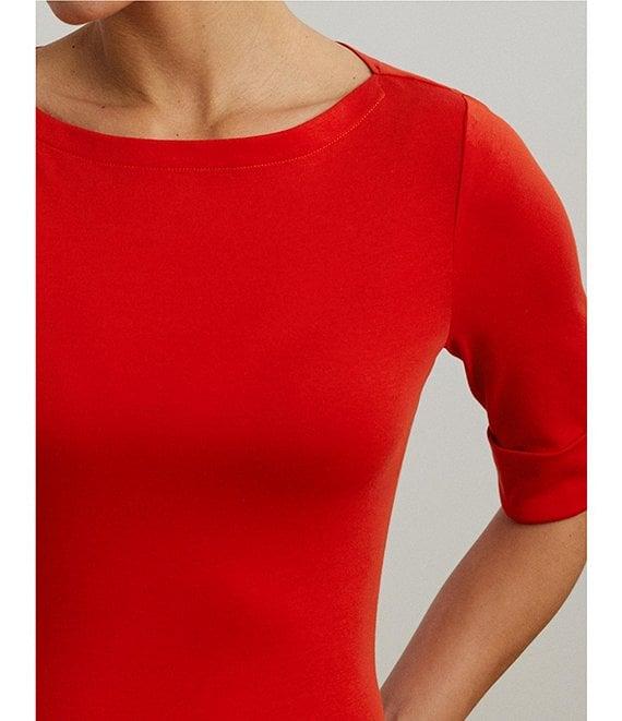 Lauren Ralph Lauren Petite Size Judy Solid Stretch-Infuse Cotton Boat Neck Tee Product Image