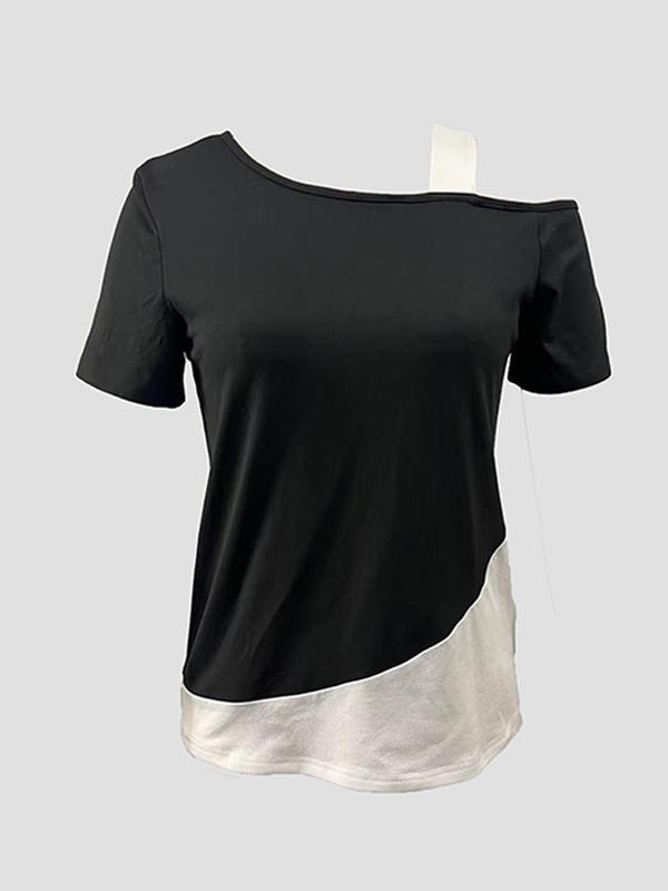 Loose Short Sleeves Asymmetric Contrast Color Split-Joint Cold Shoulder T-Shirts Tops Product Image