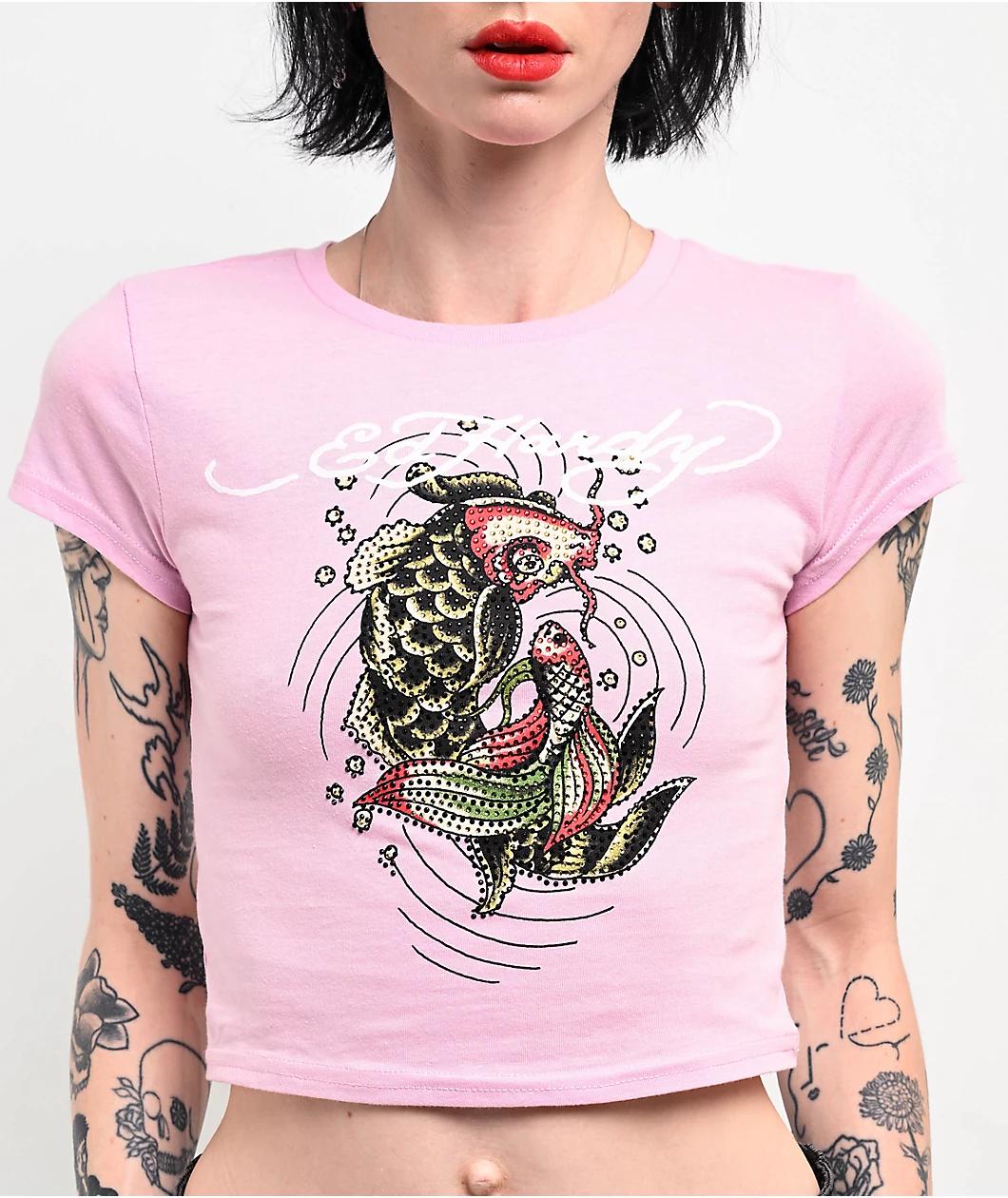 Ed Hardy Koi Rhinestone Pink Crop T-Shirt Product Image