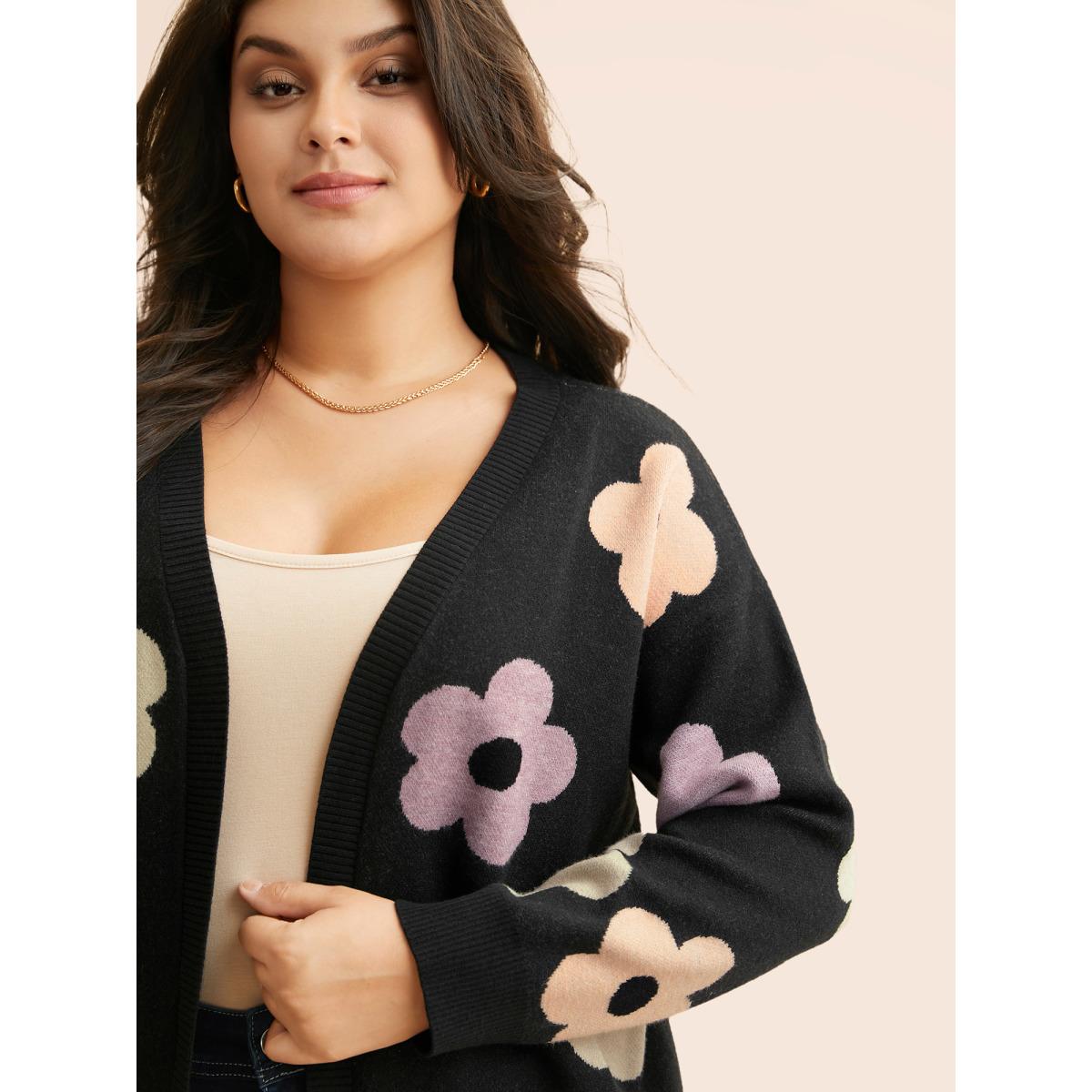 Plus Size Contrast Floral Drop Shoulder Cardigan Black Women Elegant Loose Long Sleeve Everyday Cardigans BloomChic 28/5X Product Image