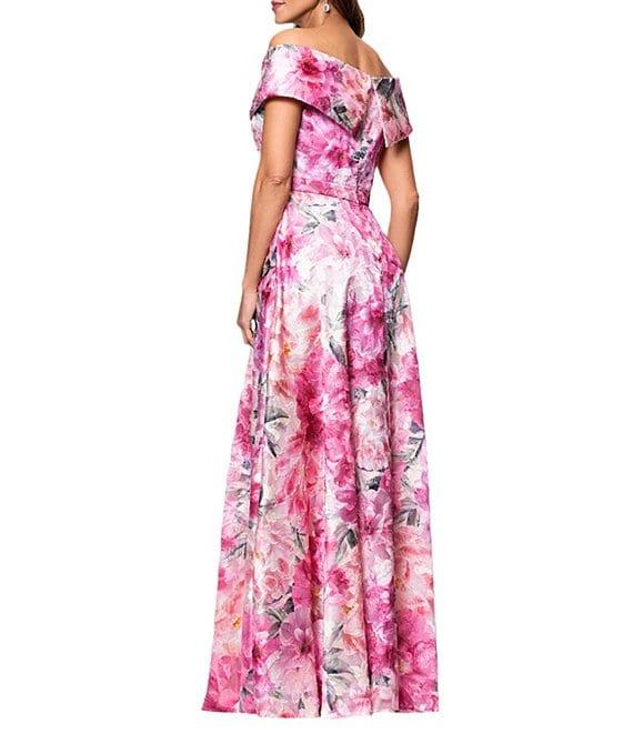 Xscape Off The Shoulder Cap Sleeve Floral Burnout Chiffon A-Line Gown Product Image