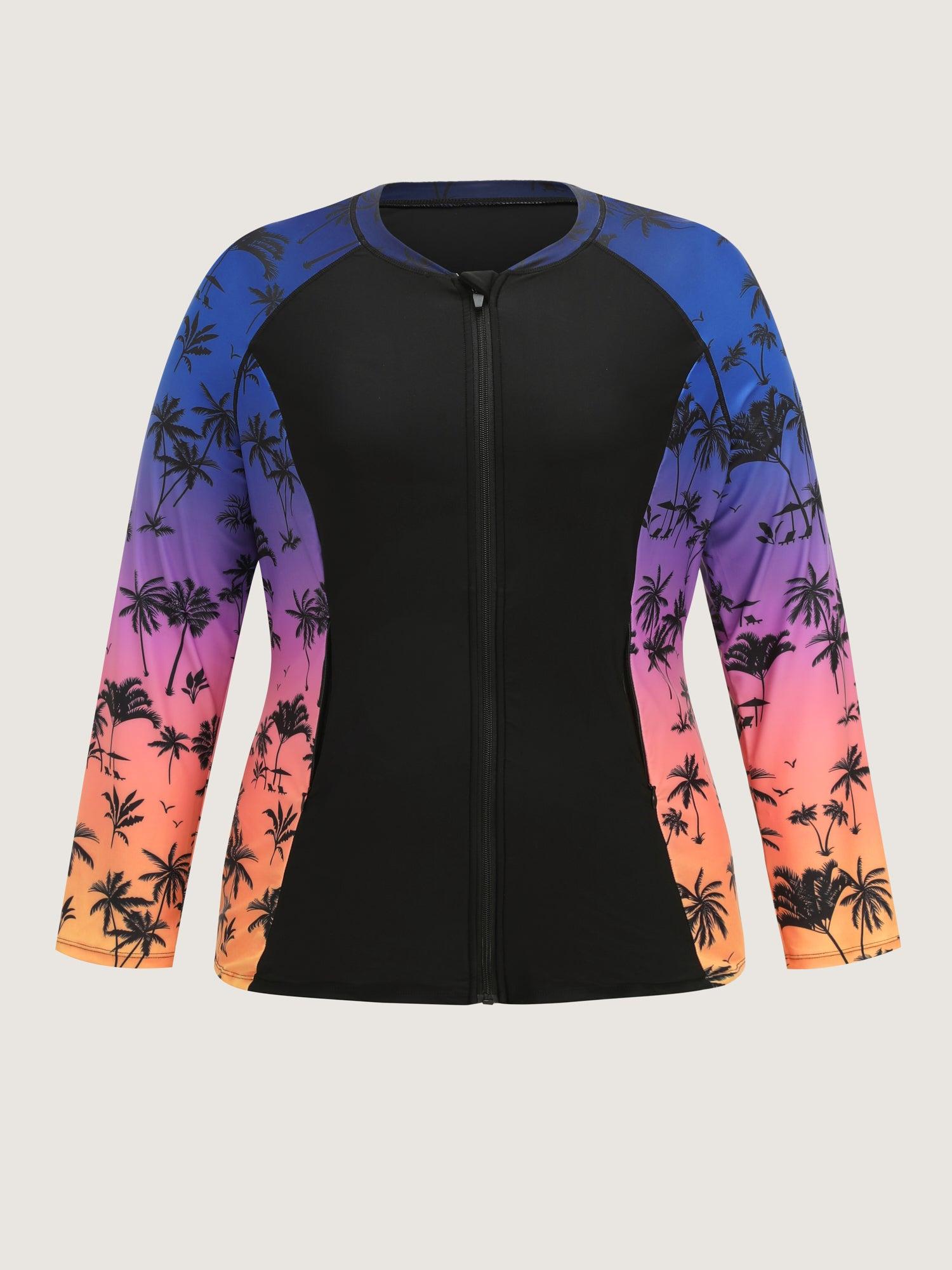 Tropical Color Contrast Print Zipper Front Swim Top Female Product Image