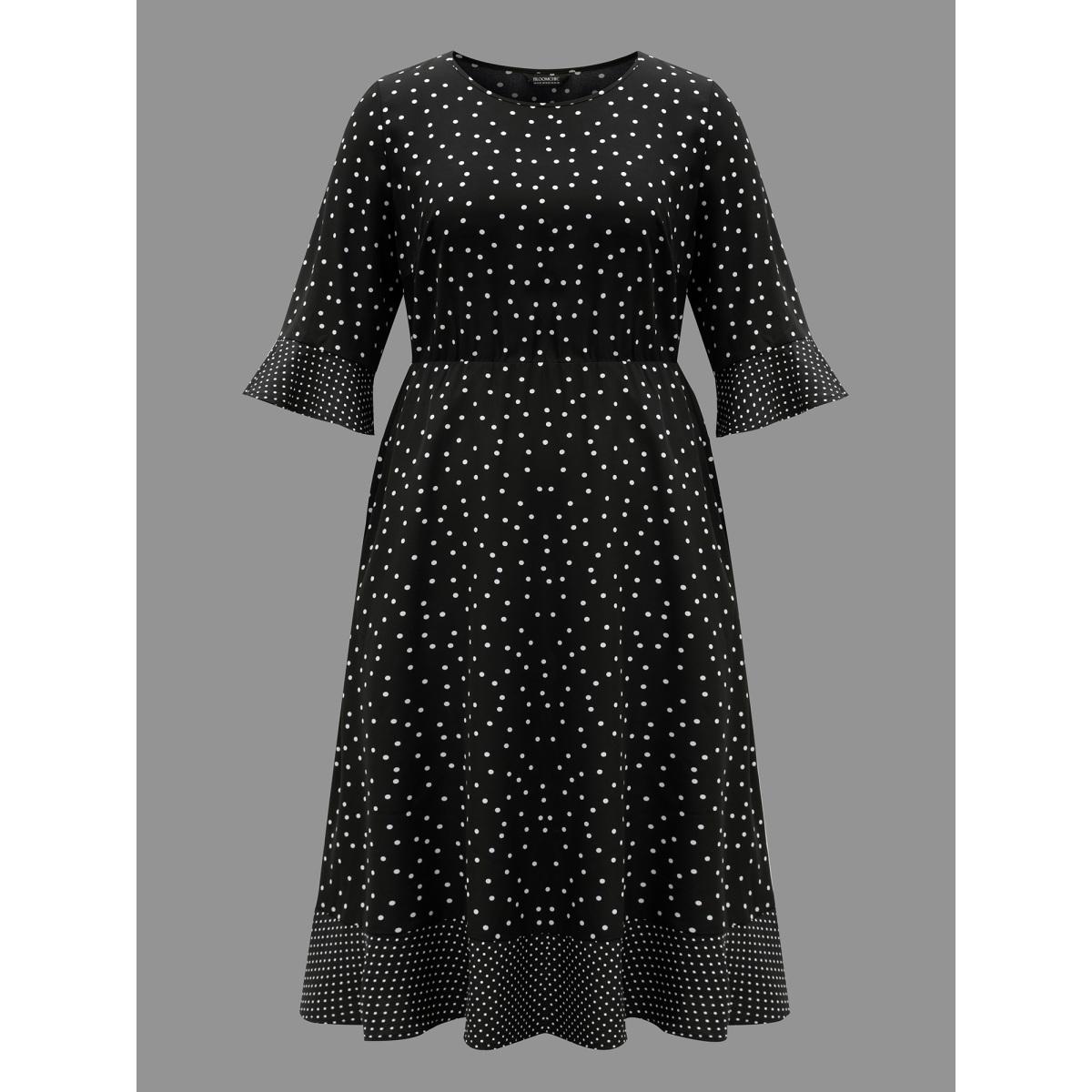 Plus Size Crew Neck Polka Dot Waist Cinched Dress Black Women At the Office Patchwork Round Neck Elbow-length sleeve Curvy BloomChic 28/5X Product Image