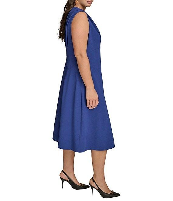 Donna Karan Plus Size V-Neck Cap Sleeve Cady Crepe A-Line Midi Dress Product Image