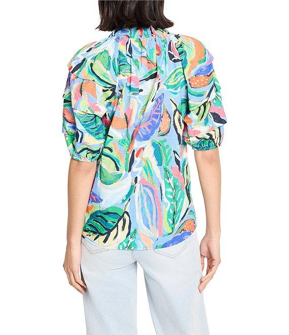 NIC + ZOE Island Tropical Beat Smocked Neck Pleated Short Puff Sleeve Top Product Image