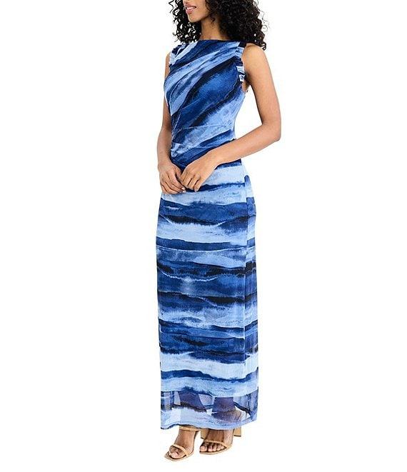 Donna Morgan Power Mesh Multi Print Boat Neck Sleeveless Sheath Midi Dress Product Image