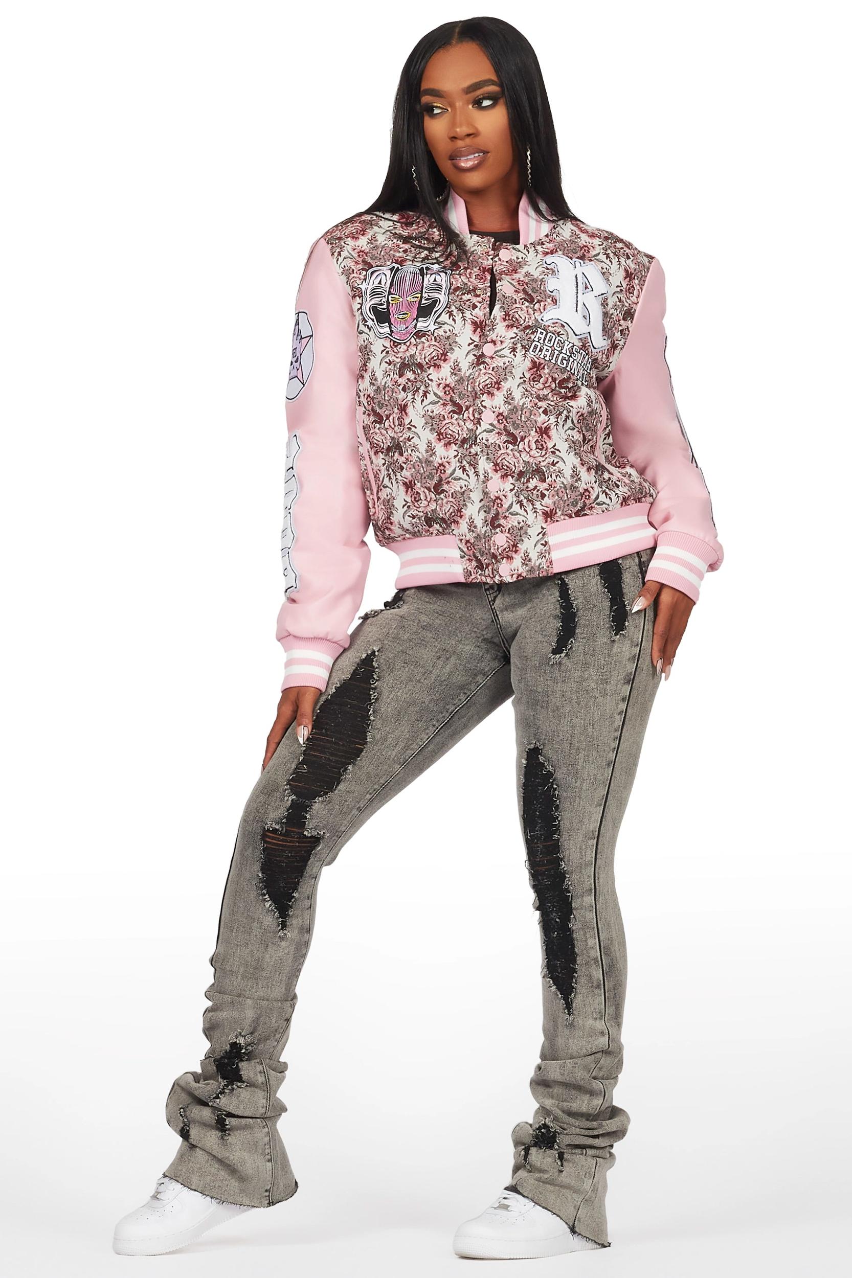 Lakiela Pink Oversized Tapestry Varsity Jacket Female Product Image