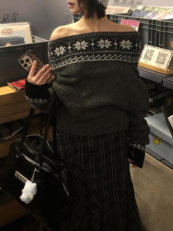 Retro Fair Isle Jacquard One-Shoulder Sweater Product Image