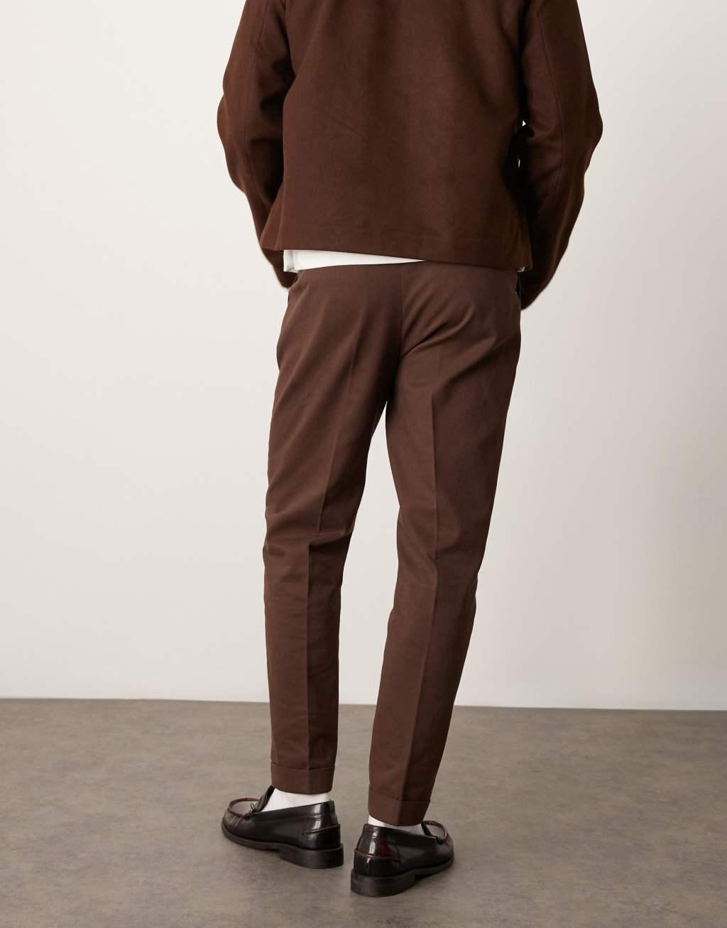 ASOS DESIGN smart tapered cotton chino pants with front pleats in brown Product Image