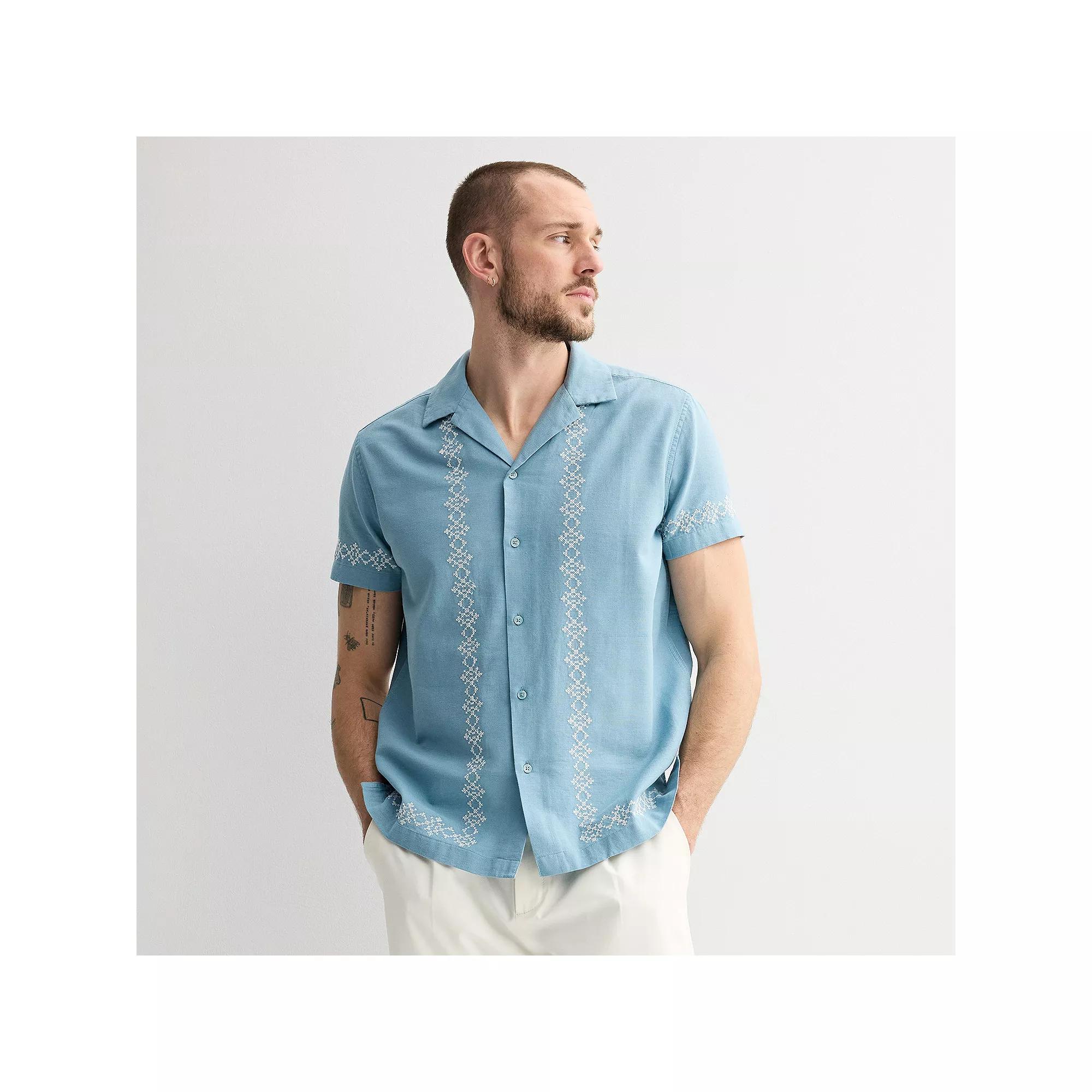 Men's Apt. 9® Short Sleeve Embroidered Camp Collar Shirt, Size: Medium, Blue Blue Product Image