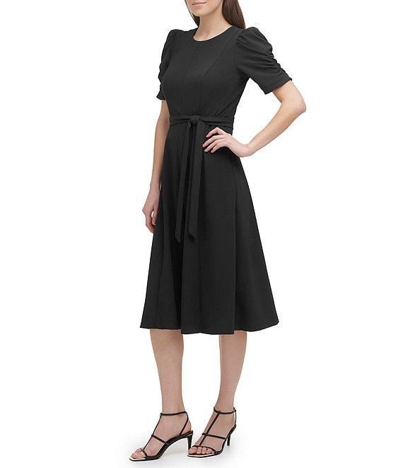 DKNY by Donna Karan Stretch Crew Neck Short Ruched Sleeve Fit and Flare Midi Dress Product Image