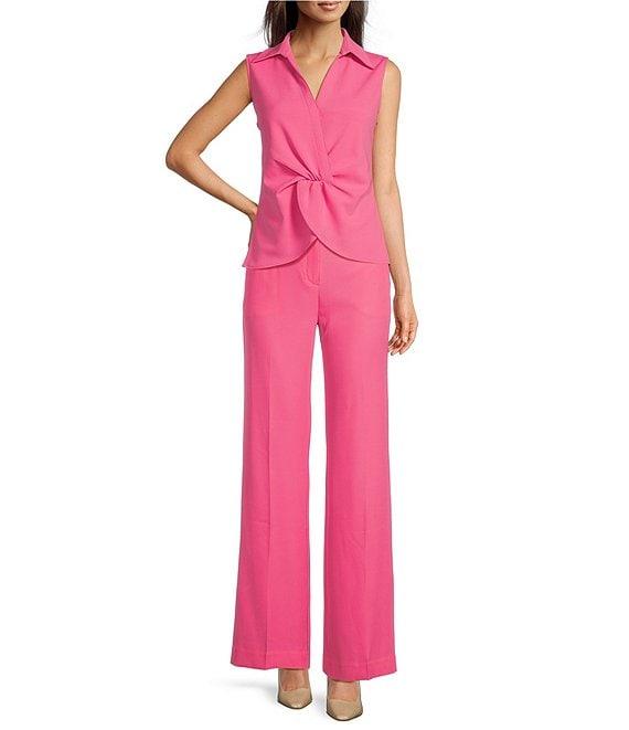 Calvin Klein Stretch Scuba Crepe Collared V-Neck Sleeveless Twist Front Top Product Image