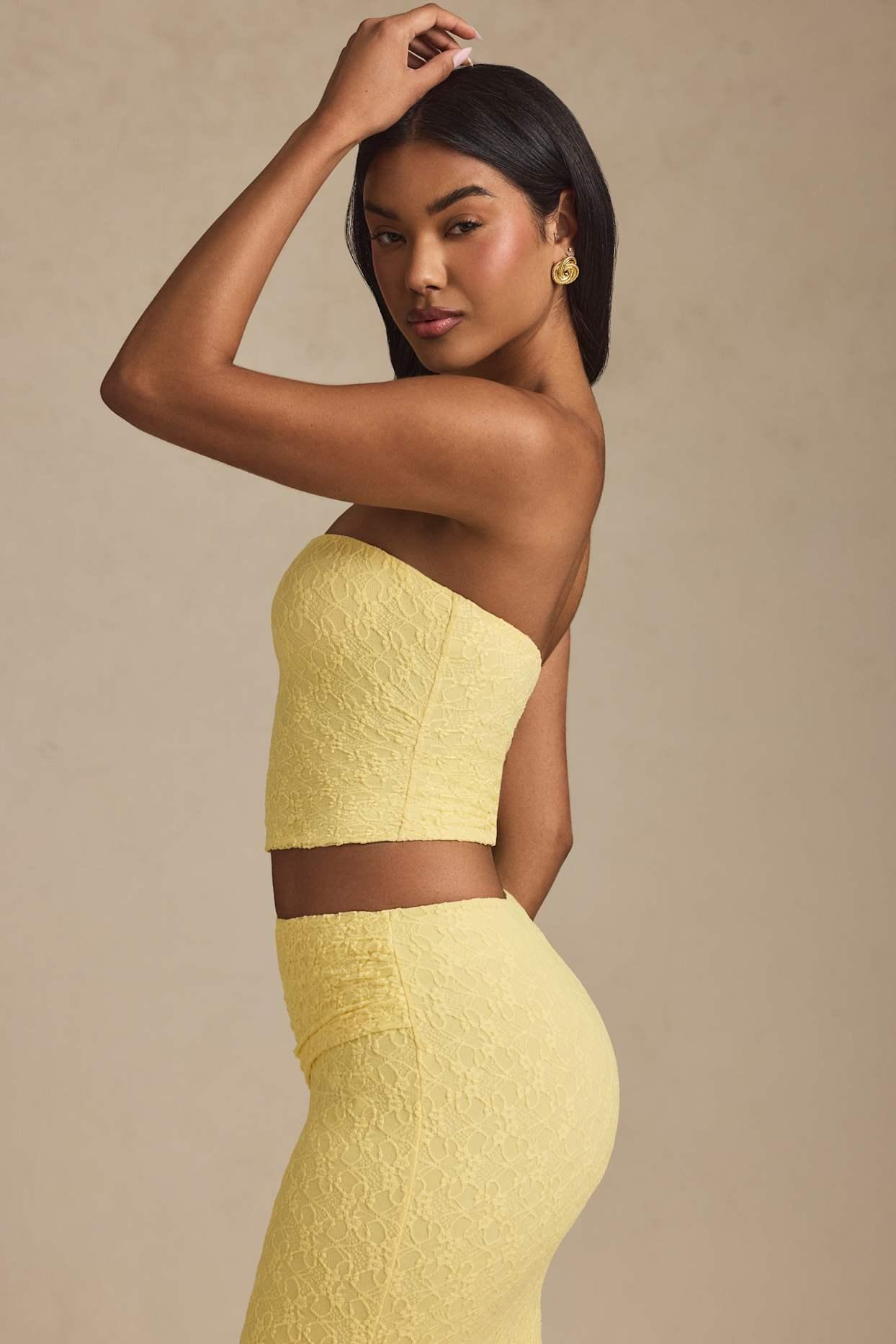 Ruched Strapless Lace Top in Pastel Yellow Product Image