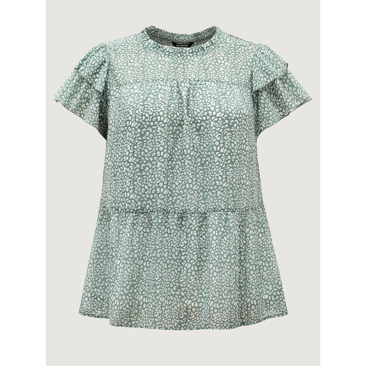 Plus Size Greenbean Leopard Print Stretchy Neck Flowy Blouse Women Timeless Cap Sleeve Round Neck Office Blouses BloomChic 10/M Product Image