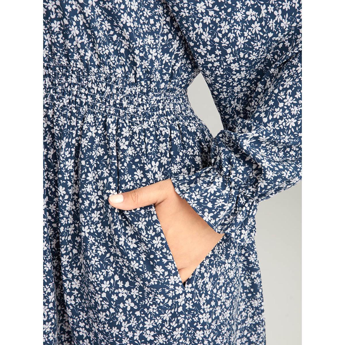 Plus Size Ditsy Floral Flutter Trim Shirred Knot Neck Dress Stone Women Elegant Cross straps Tie Neck Long Sleeve Curvy Knee Dress BloomChic 10/M Product Image