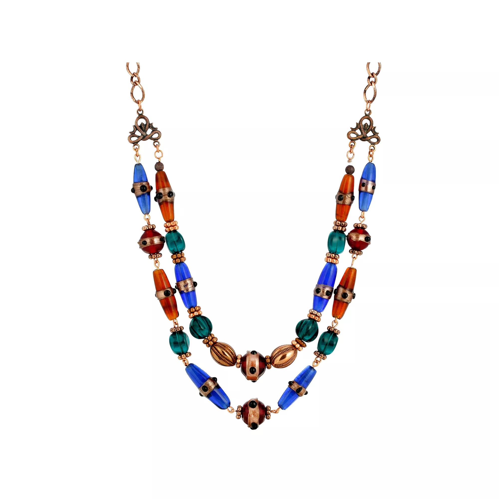 1928 Copper Tone Red & Blue Double Strand Beaded Necklace, Women's, Multi Product Image